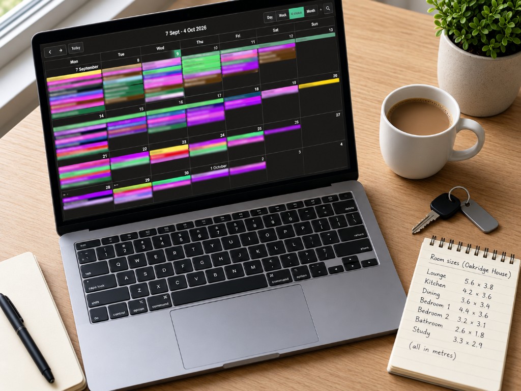Laptop open on a desk showing a colourful shared diary
