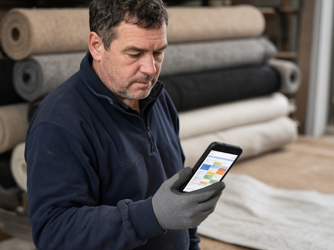 A fitter checking the day’s schedule on a phone on site